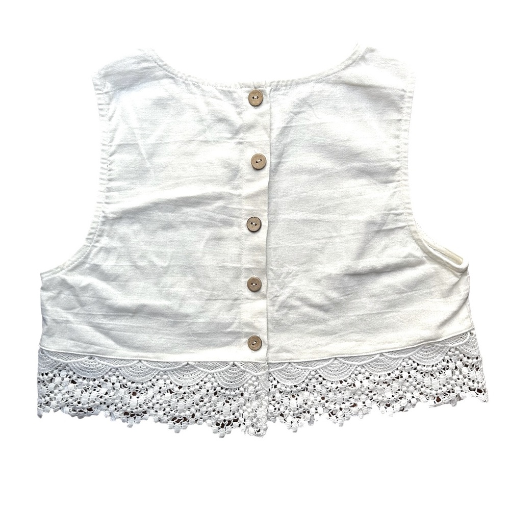Sensemill White Linen crop Top with Lace detailing and button back Size S